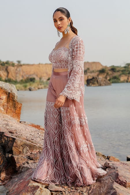 Buy_Label Moni K_Purple Net Crystals Sweetheart Neck Embroidered Jacket And Gharara Set _Online_at_Aza_Fashions