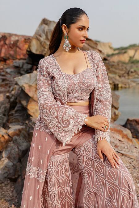 Shop_Label Moni K_Purple Net Crystals Sweetheart Neck Embroidered Jacket And Gharara Set _Online_at_Aza_Fashions