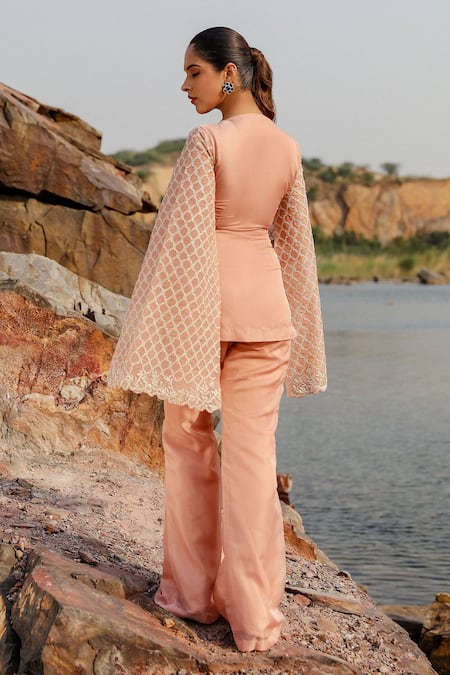 Shop Label Moni K Peach Viscose Embroidery, Diamonds Round Neck Dori Jaal Jacket And Pant Set at Aza Fashions Shop_Label Moni K_Peach Viscose Embroidery, Diamonds Round Neck Dori Jaal Jacket And Pant Set _at_Aza_Fashions