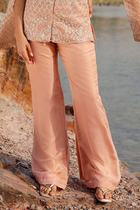 Label Moni K Peach Viscose Embroidery, Diamonds Round Neck Dori Jaal Jacket And Pant Set Online at Aza Fashions Label Moni K_Peach Viscose Embroidery, Diamonds Round Neck Dori Jaal Jacket And Pant Set _Online_at_Aza_Fashions