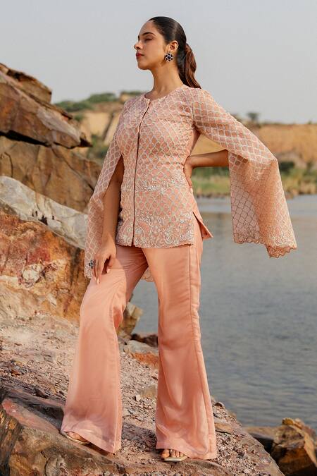 Buy Label Moni K Peach Viscose Embroidery, Diamonds Round Neck Dori Jaal Jacket And Pant Set Online at Aza Fashions Buy_Label Moni K_Peach Viscose Embroidery, Diamonds Round Neck Dori Jaal Jacket And Pant Set _Online_at_Aza_Fashions