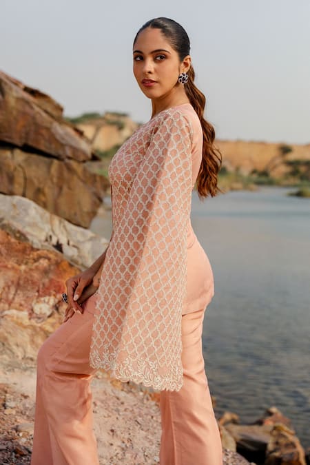 Shop Label Moni K Peach Viscose Embroidery, Diamonds Round Neck Dori Jaal Jacket And Pant Set Online at Aza Fashions Shop_Label Moni K_Peach Viscose Embroidery, Diamonds Round Neck Dori Jaal Jacket And Pant Set _Online_at_Aza_Fashions