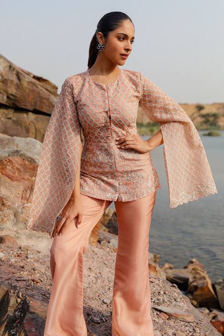 Label Moni K Peach Viscose Embroidery, Diamonds Round Neck Dori Jaal Jacket And Pant Set at Aza Fashions Label Moni K_Peach Viscose Embroidery, Diamonds Round Neck Dori Jaal Jacket And Pant Set _at_Aza_Fashions