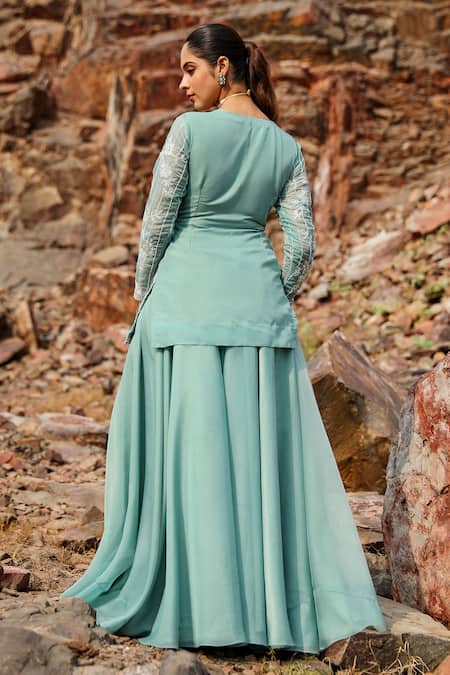 Shop Label Moni K Green Viscose Beads V-neck Aari Fleur Embroidered Jacket And Sharara Set at Aza Fashions Shop_Label Moni K_Green Viscose Beads V-neck Aari Fleur Embroidered Jacket And Sharara Set _at_Aza_Fashions