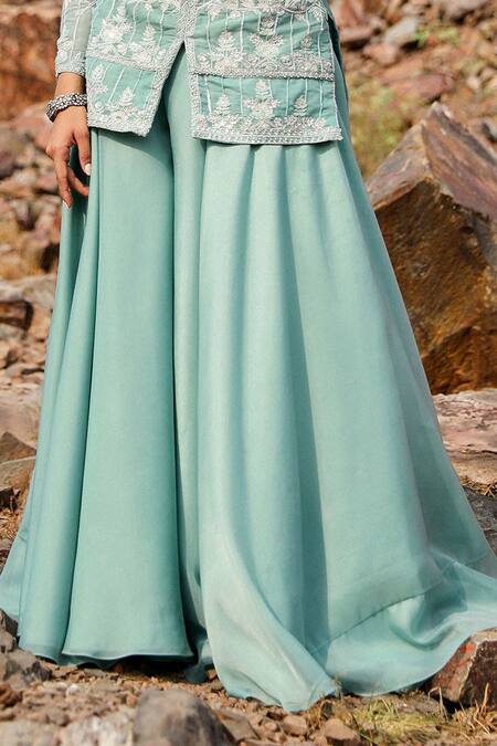 Label Moni K Green Viscose Beads V-neck Aari Fleur Embroidered Jacket And Sharara Set Online at Aza Fashions Label Moni K_Green Viscose Beads V-neck Aari Fleur Embroidered Jacket And Sharara Set _Online_at_Aza_Fashions