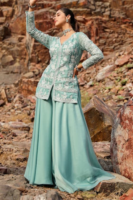 Buy Label Moni K Green Viscose Beads V-neck Aari Fleur Embroidered Jacket And Sharara Set Online at Aza Fashions Buy_Label Moni K_Green Viscose Beads V-neck Aari Fleur Embroidered Jacket And Sharara Set _Online_at_Aza_Fashions