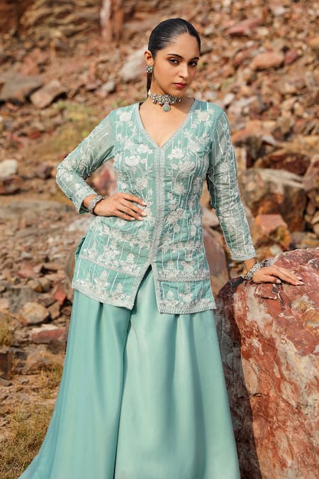 Shop Label Moni K Green Viscose Beads V-neck Aari Fleur Embroidered Jacket And Sharara Set Online at Aza Fashions Shop_Label Moni K_Green Viscose Beads V-neck Aari Fleur Embroidered Jacket And Sharara Set _Online_at_Aza_Fashions