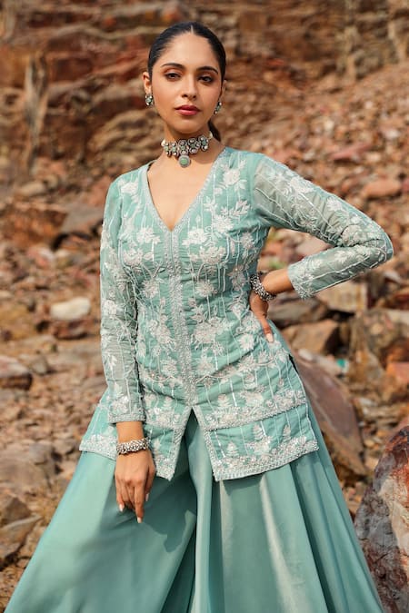 Label Moni K Green Viscose Beads V-neck Aari Fleur Embroidered Jacket And Sharara Set at Aza Fashions Label Moni K_Green Viscose Beads V-neck Aari Fleur Embroidered Jacket And Sharara Set _at_Aza_Fashions