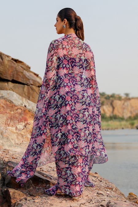 Shop Label Moni K Purple Chiffon Beads Sweetheart Neck Flora Print Cape And Skirt Set at Aza Fashions Shop_Label Moni K_Purple Chiffon Beads Sweetheart Neck Flora Print Cape And Skirt Set _at_Aza_Fashions