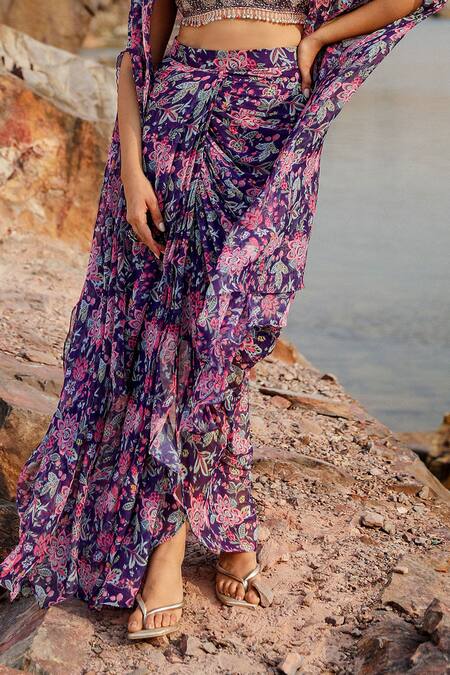 Label Moni K Purple Chiffon Beads Sweetheart Neck Flora Print Cape And Skirt Set Online at Aza Fashions Label Moni K_Purple Chiffon Beads Sweetheart Neck Flora Print Cape And Skirt Set _Online_at_Aza_Fashions