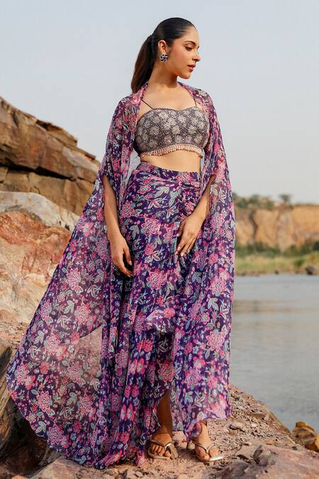Buy Label Moni K Purple Chiffon Beads Sweetheart Neck Flora Print Cape And Skirt Set Online at Aza Fashions Buy_Label Moni K_Purple Chiffon Beads Sweetheart Neck Flora Print Cape And Skirt Set _Online_at_Aza_Fashions