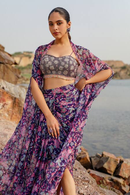 Shop Label Moni K Purple Chiffon Beads Sweetheart Neck Flora Print Cape And Skirt Set Online at Aza Fashions Shop_Label Moni K_Purple Chiffon Beads Sweetheart Neck Flora Print Cape And Skirt Set _Online_at_Aza_Fashions