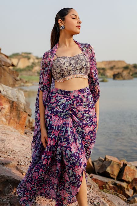 Label Moni K Purple Chiffon Beads Sweetheart Neck Flora Print Cape And Skirt Set at Aza Fashions Label Moni K_Purple Chiffon Beads Sweetheart Neck Flora Print Cape And Skirt Set _at_Aza_Fashions