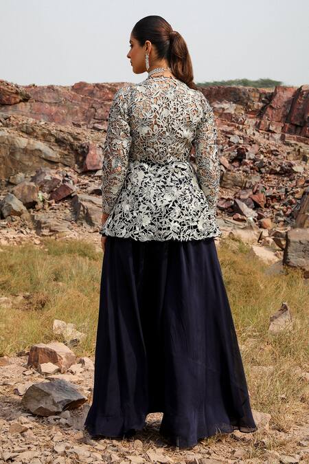 Shop Label Moni K Navy Organza, Viscose Embroidery, Mirrors Leaf Blue Peplum Kurta And Sharara Set at Aza Fashions Shop_Label Moni K_Navy Organza, Viscose Embroidery, Mirrors Leaf Blue Peplum Kurta And Sharara Set _at_Aza_Fashions