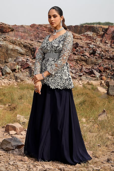 Label Moni K Navy Organza, Viscose Embroidery, Mirrors Leaf Blue Peplum Kurta And Sharara Set Online at Aza Fashions Label Moni K_Navy Organza, Viscose Embroidery, Mirrors Leaf Blue Peplum Kurta And Sharara Set _Online_at_Aza_Fashions