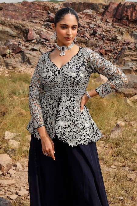 Buy Label Moni K Navy Organza, Viscose Embroidery, Mirrors Leaf Blue Peplum Kurta And Sharara Set Online at Aza Fashions Buy_Label Moni K_Navy Organza, Viscose Embroidery, Mirrors Leaf Blue Peplum Kurta And Sharara Set _Online_at_Aza_Fashions