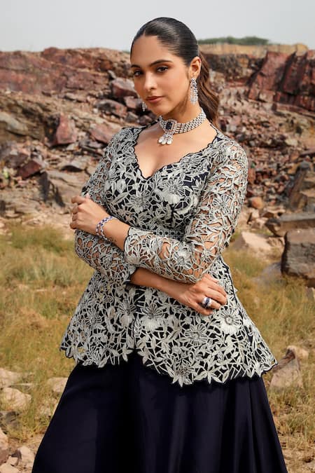 Shop Label Moni K Navy Organza, Viscose Embroidery, Mirrors Leaf Blue Peplum Kurta And Sharara Set Online at Aza Fashions Shop_Label Moni K_Navy Organza, Viscose Embroidery, Mirrors Leaf Blue Peplum Kurta And Sharara Set _Online_at_Aza_Fashions