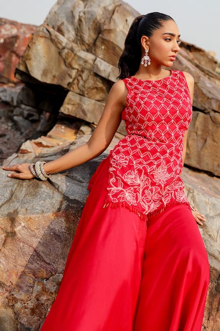 Shop Label Moni K Red Viscose Embroidery Round Neck Bloom Jaal Patch Kurta Set Online at Aza Fashions Shop_Label Moni K_Red Viscose Embroidery Round Neck Bloom Jaal Patch Kurta Set _Online_at_Aza_Fashions