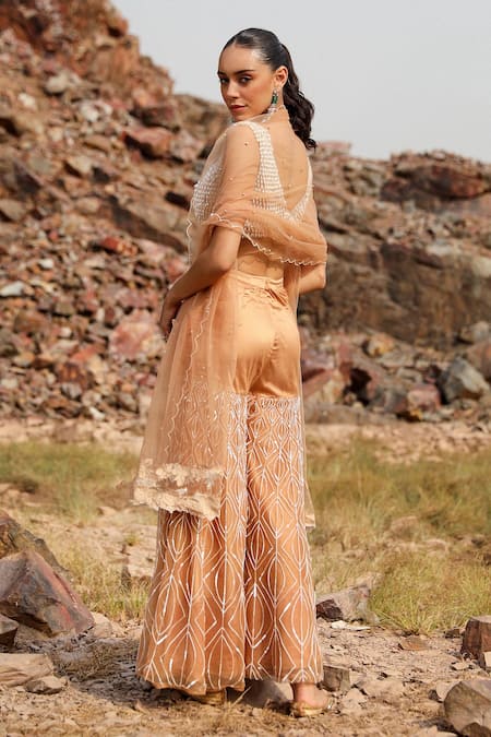 Shop Label Moni K Ivory Net Pearls, Sequins V-neck Embellished Blouse And Gharara Set at Aza Fashions Shop_Label Moni K_Ivory Net Pearls, Sequins V-neck Embellished Blouse And Gharara Set _at_Aza_Fashions