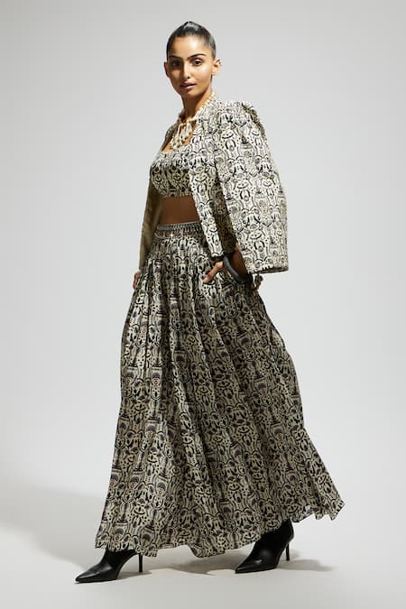 Sva By Sonam & Paras Modi_White Crepe Scoop , Open Boho Floral Print Jacket Set_Online_at_Aza_Fashions