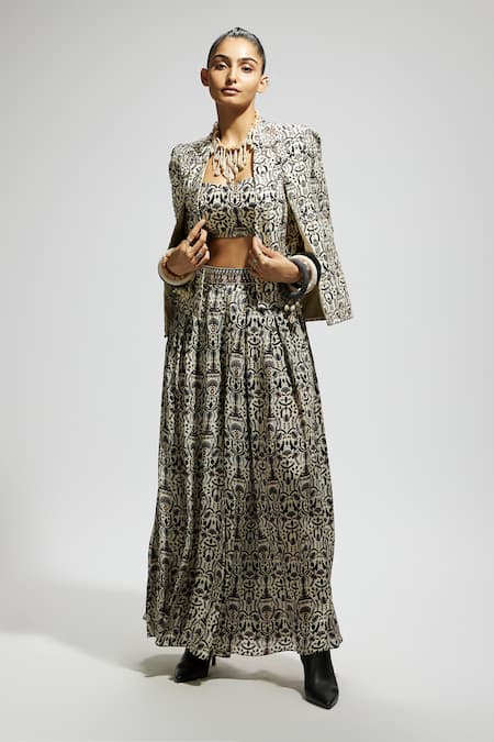 Buy_Sva By Sonam & Paras Modi_White Crepe Scoop , Open Boho Floral Print Jacket Set_Online_at_Aza_Fashions