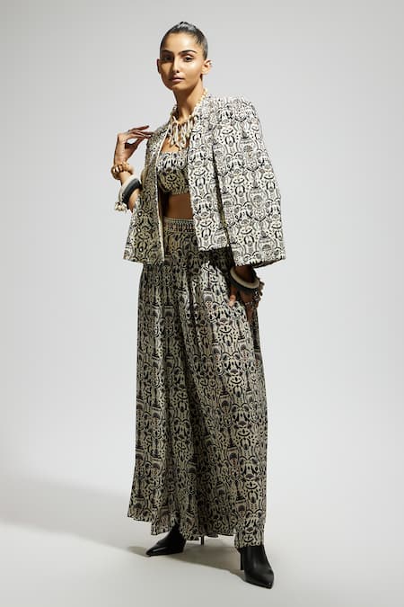 Sva By Sonam & Paras Modi_White Crepe Scoop , Open Boho Floral Print Jacket Set_at_Aza_Fashions