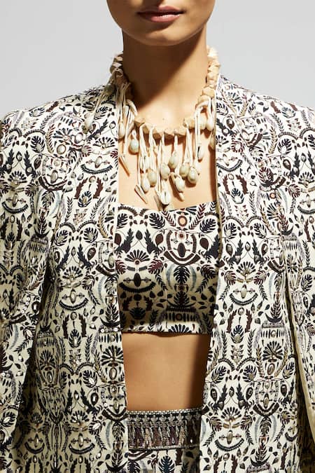 Shop_Sva By Sonam & Paras Modi_White Crepe Scoop , Open Boho Floral Print Jacket Set