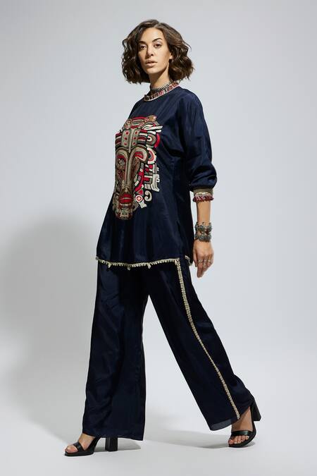 Buy_Sva By Sonam & Paras Modi_Blue Silk Sequins Round Neck Mask Thread Embroidered Kurta And Pant Set_Online_at_Aza_Fashions