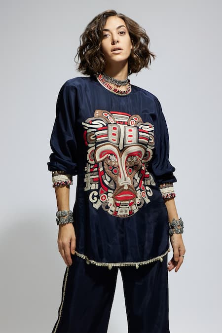 Buy_Sva By Sonam & Paras Modi_Blue Silk Sequins Round Neck Mask Thread Embroidered Kurta And Pant Set