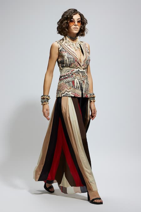 Sva By Sonam & Paras Modi_Multi Color Silk Sequins V-neck Multicolor Embellished Jacket And Flared Pant Set_Online_at_Aza_Fashions