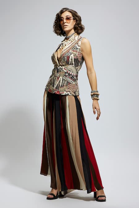 Buy_Sva By Sonam & Paras Modi_Multi Color Silk Sequins V-neck Multicolor Embellished Jacket And Flared Pant Set_Online_at_Aza_Fashions