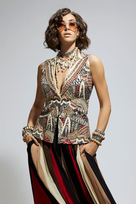 Sva By Sonam & Paras Modi_Multi Color Silk Sequins V-neck Multicolor Embellished Jacket And Flared Pant Set_at_Aza_Fashions