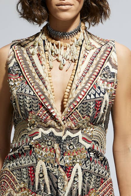 Buy_Sva By Sonam & Paras Modi_Multi Color Silk Sequins V-neck Multicolor Embellished Jacket And Flared Pant Set