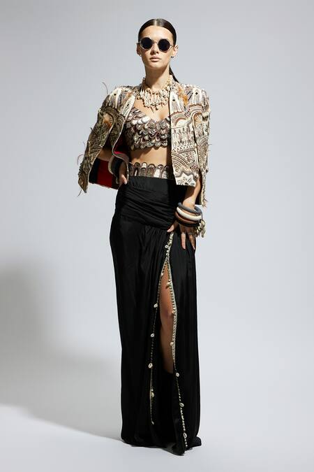Sva By Sonam & Paras Modi_Black Silk Beads, Cut Work, Embroidery Thread And Embellished Jacket Skirt Set_Online_at_Aza_Fashions