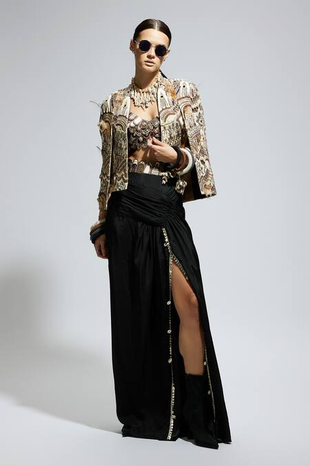 Buy_Sva By Sonam & Paras Modi_Black Silk Beads, Cut Work, Embroidery Thread And Embellished Jacket Skirt Set_Online_at_Aza_Fashions