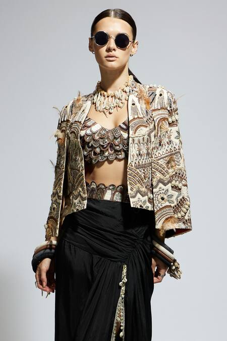 Shop_Sva By Sonam & Paras Modi_Black Silk Beads, Cut Work, Embroidery Thread And Embellished Jacket Skirt Set_Online_at_Aza_Fashions
