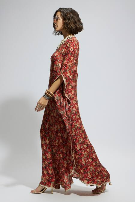 Sva By Sonam & Paras Modi Orange Crepe Beads V-neck Floral Bird Printed Kurta Set Online at Aza Fashions Sva By Sonam & Paras Modi_Orange Crepe Beads V-neck Floral Bird Printed Kurta Set_Online_at_Aza_Fashions