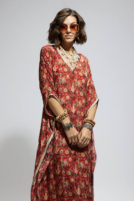 Buy Sva By Sonam & Paras Modi Orange Crepe Beads V-neck Floral Bird Printed Kurta Set Online at Aza Fashions Buy_Sva By Sonam & Paras Modi_Orange Crepe Beads V-neck Floral Bird Printed Kurta Set_Online_at_Aza_Fashions