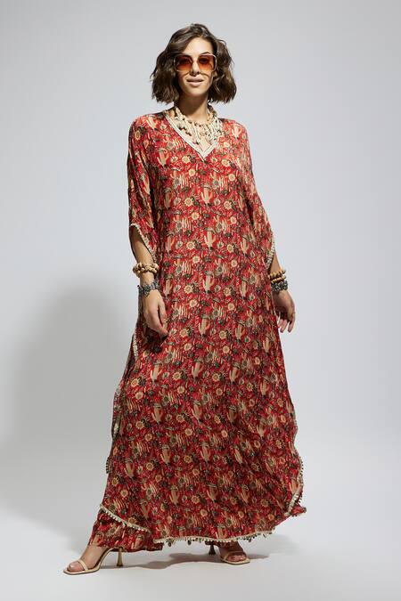 Shop Sva By Sonam & Paras Modi Orange Crepe Beads V-neck Floral Bird Printed Kurta Set Online at Aza Fashions Shop_Sva By Sonam & Paras Modi_Orange Crepe Beads V-neck Floral Bird Printed Kurta Set_Online_at_Aza_Fashions