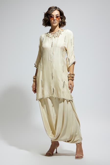 SVA by Sonam & Paras Modi Embellished Ivory Tunic & Draped Skirt Set 