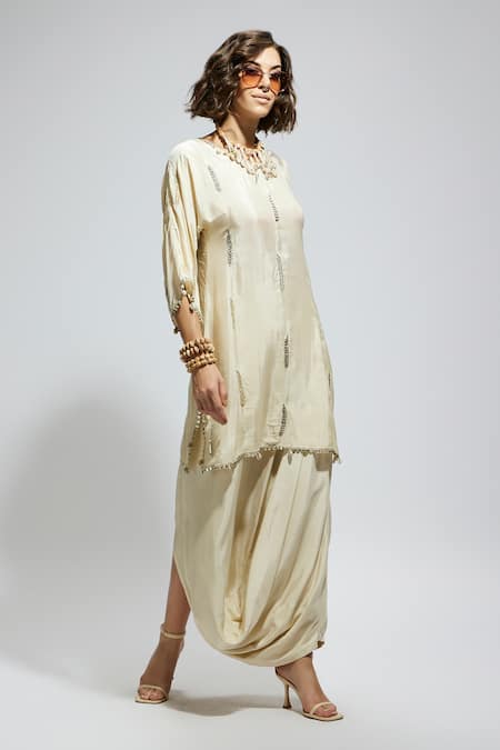 Sva By Sonam & Paras Modi_Ivory Silk Sequins, Beads Round Neck Embellished Tunic And Draped Skirt Set_Online_at_Aza_Fashions