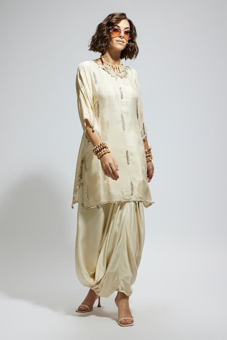 Buy_Sva By Sonam & Paras Modi_Ivory Silk Sequins, Beads Round Neck Embellished Tunic And Draped Skirt Set_Online_at_Aza_Fashions