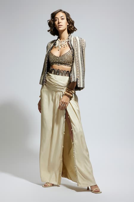 Sva By Sonam & Paras Modi_Ivory Silk Beads, Embroidery, Cut Work Embellished Jacket And Draped Skirt Set_Online_at_Aza_Fashions