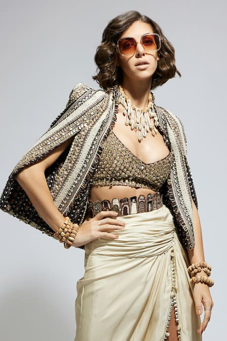 Sva By Sonam & Paras Modi_Ivory Silk Beads, Embroidery, Cut Work Embellished Jacket And Draped Skirt Set_at_Aza_Fashions