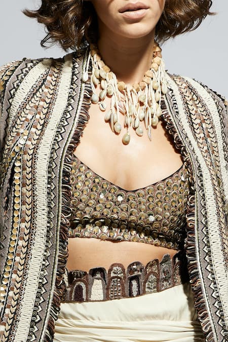 Buy_Sva By Sonam & Paras Modi_Ivory Silk Beads, Embroidery, Cut Work Embellished Jacket And Draped Skirt Set