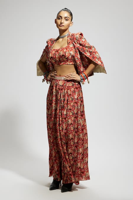 Sva By Sonam & Paras Modi_Orange Crepe Sequins, Beads, Embroidery Floral Bird Print Jacket And Skirt Set_Online_at_Aza_Fashions