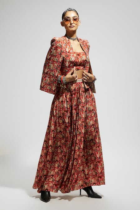 Buy_Sva By Sonam & Paras Modi_Orange Crepe Sequins, Beads, Embroidery Floral Bird Print Jacket And Skirt Set_Online_at_Aza_Fashions