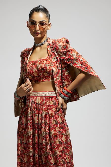 Sva By Sonam & Paras Modi_Orange Crepe Sequins, Beads, Embroidery Floral Bird Print Jacket And Skirt Set_at_Aza_Fashions