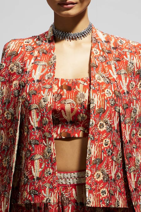 Buy_Sva By Sonam & Paras Modi_Orange Crepe Sequins, Beads, Embroidery Floral Bird Print Jacket And Skirt Set