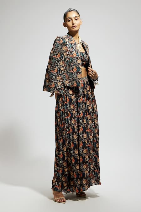Sva By Sonam & Paras Modi_Black Crepe Sequins Open , Scoop Floral Bird Print Jacket Skirt Set_Online_at_Aza_Fashions